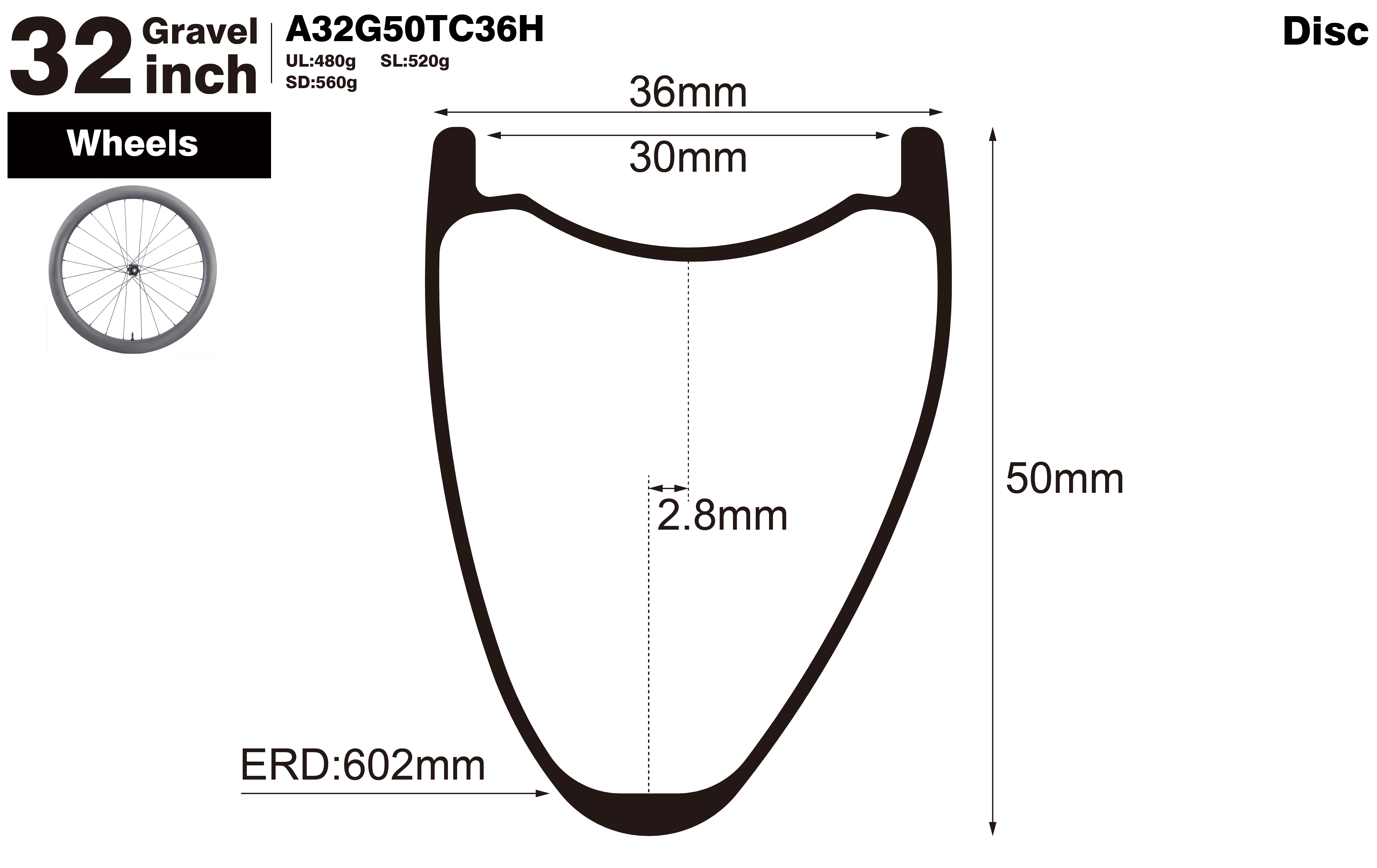 32 inch-I30-D50-asymmetric-road-bike-hookless-gravel-carbon-wheels-profile-drawing